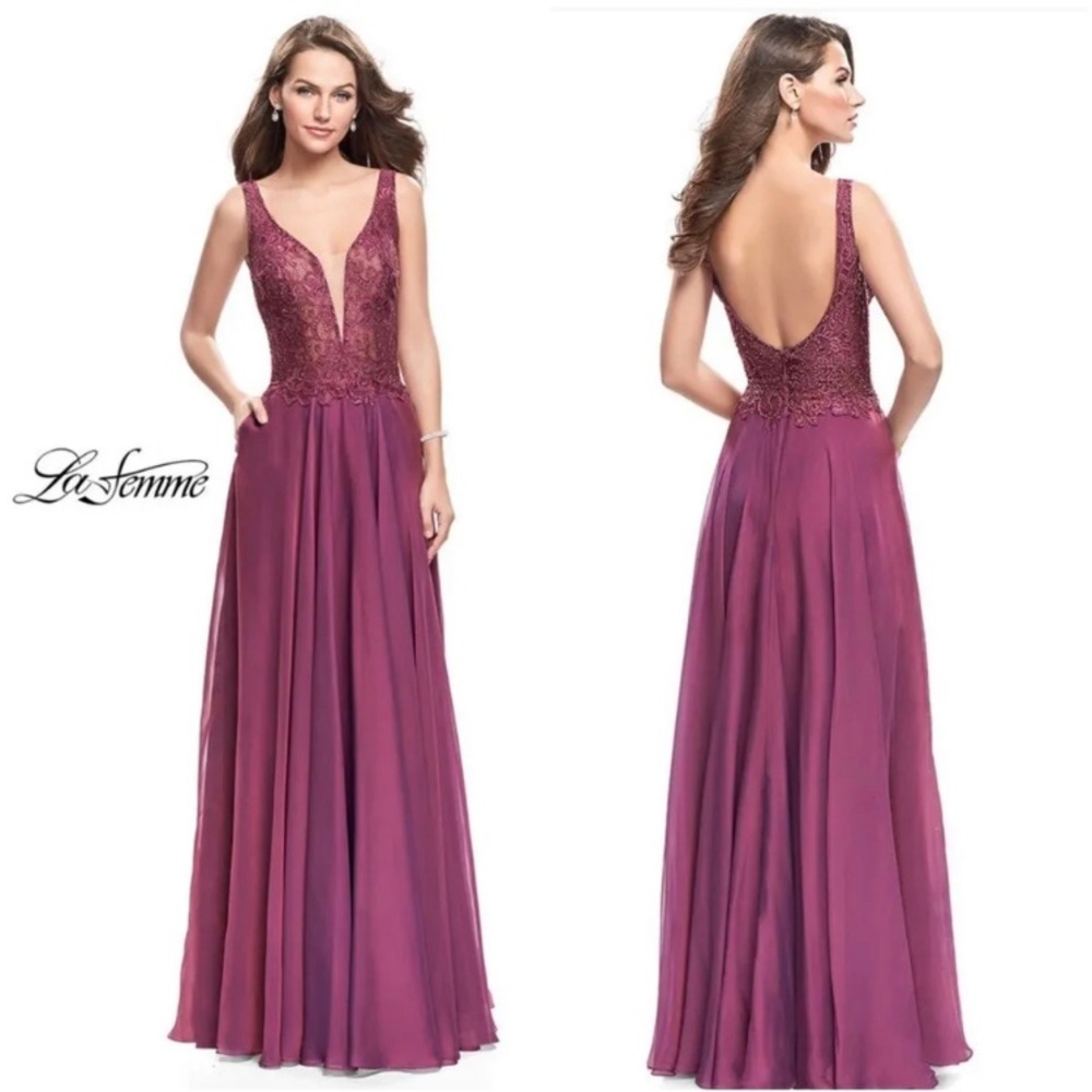 La Femme 25513 Sequin Lace Bodice V-Neck Sleeveless Chiffon Gown Size 6 NWT 5846